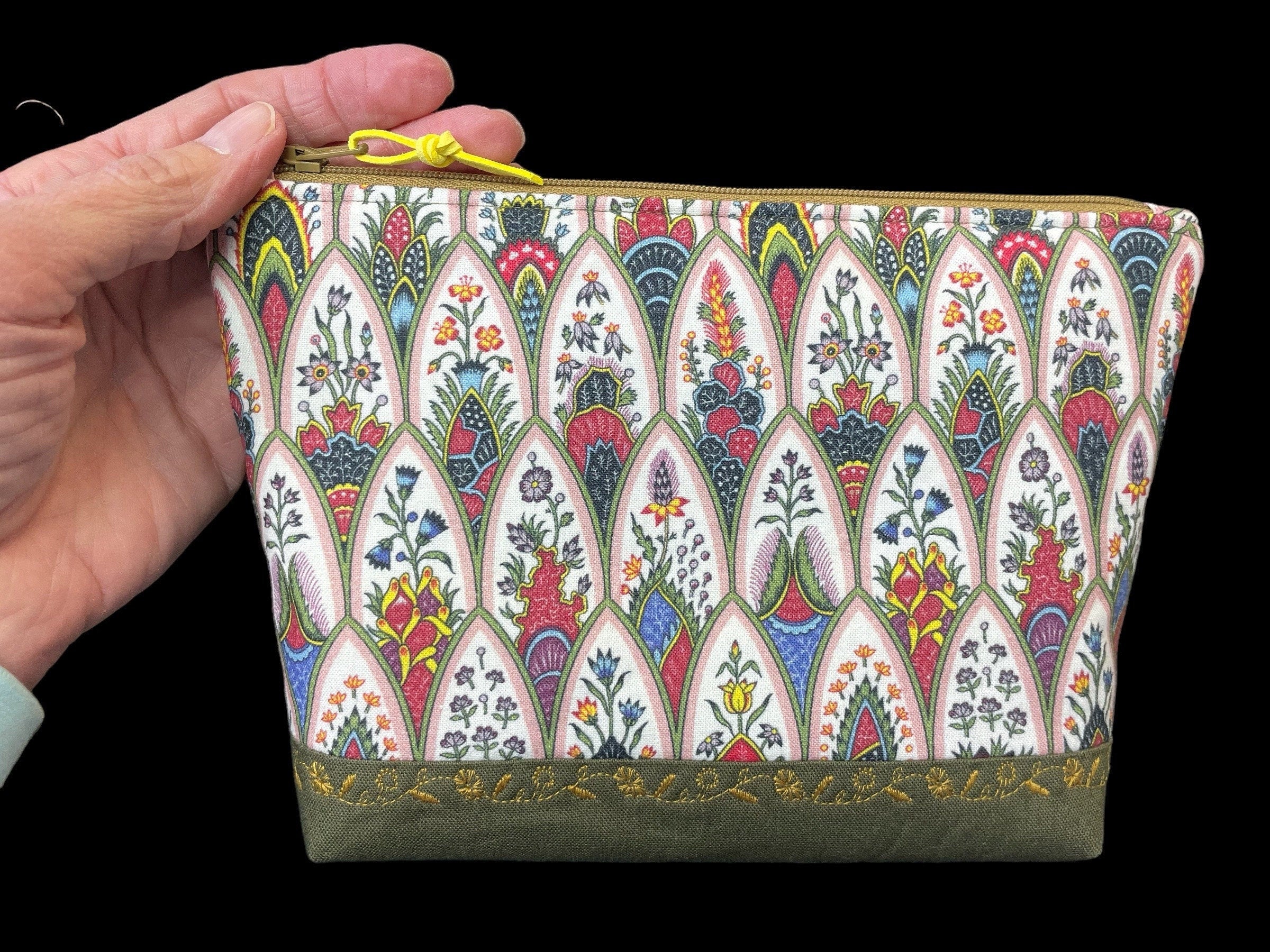 Project Bag  Completed  Small Project Bag ~ Accessory Bag with Embroidered Flowers ~ Cosmetic Bag  9"x 6"x 3"  Maison Sajou Fabric