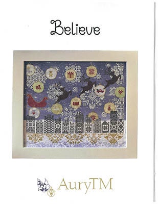AuryTM "BELIEVE" Counted Cross Stitch Pattern, Winter, Reindeer, Santa Sleigh, Pattern Only