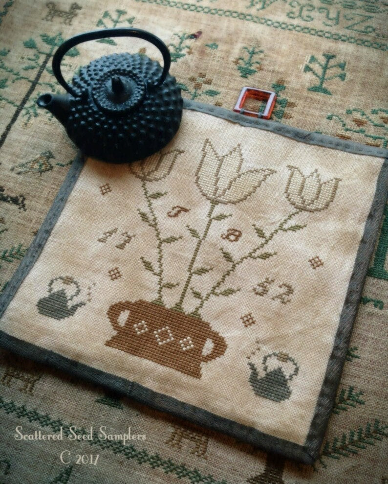SCATTERED SEED SAMPLERS "Tea Time" Counted Cross Stitch Pattern, Chart, Kettle Mat, Sampler, Pattern Only