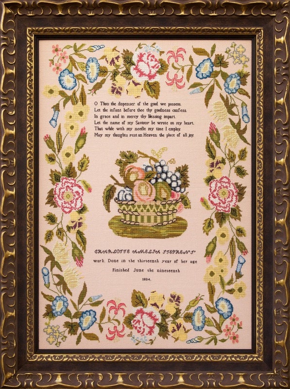HANDS ACROSS The SEA "Charlotte Amelia Stephens 1834" Counted Cross Stitch Pattern, English Reproduction Sampler, Chart, Printed Booklet