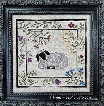 THREE SHEEP STUDIO "In The Meadow" Design by Rose Clay, Counted Cross Stitch Pattern, Sheep, Flowers, Chart, Pattern Only