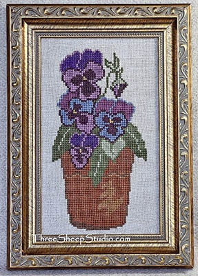 THREE SHEEP STUDIO "Pansy" Design by Rose Clay, Counted Cross Stitch Pattern, Chart, Pot of Pansies, Pattern Only