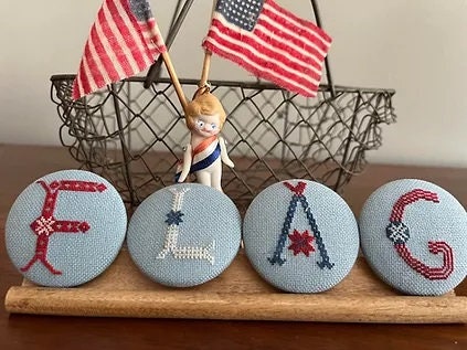 Running with Needles & Scissors "FLAG BUTTONS"  Counted Cross Stitch Pattern  Chart, Pattern Only