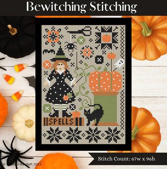 SHANNON CHRISTINE "Bewitching Stitching" Counted Cross Stitch Pattern, Halloween, Witch, Chart, Pattern Only