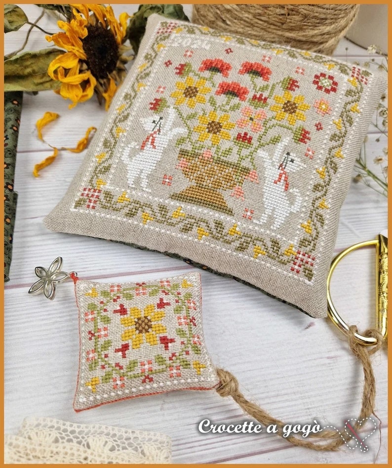 CROCETTE A GOGO "Summer Basket"  Counted Cross Stitch Pattern  2 Patterns  Cat  Sunflowers  Poppies  Pattern Only