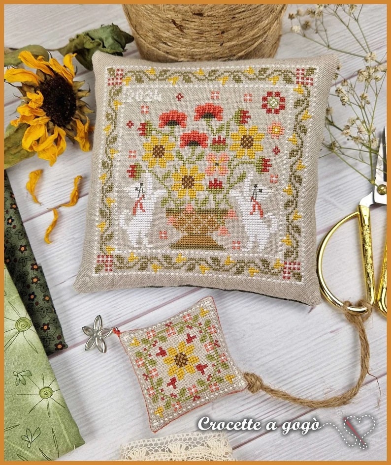 CROCETTE A GOGO "Summer Basket"  Counted Cross Stitch Pattern  2 Patterns  Cat  Sunflowers  Poppies  Pattern Only