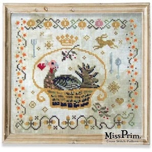 MISS PRIM "Turkey In A Basket" Counted Cross Stitch Pattern, Thanksgiving Whimsy, Fall, Pattern Only