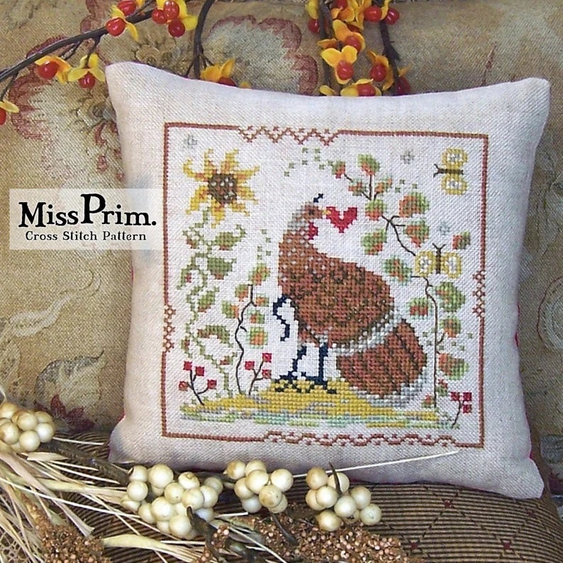 MISS PRIM "Turkey Love" Counted Cross Stitch Pattern, Thanksgiving Whimsy, Fall, Pattern Only