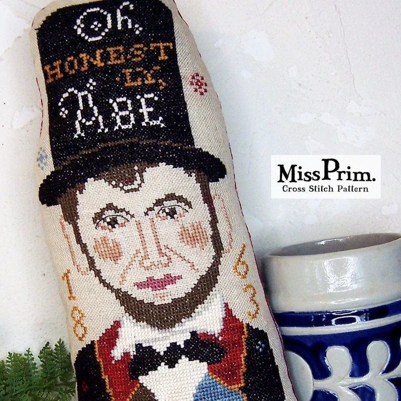 MISS PRIM "Abe Lincoln" Counted Cross Stitch Pattern, People Pillow Collection, Colonial Doll, Presidents Day, Abraham Lincoln, Pattern Only