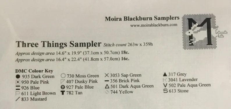 Moira Blackburn Traditional Sampler Chart "Three Things Sampler" Counted Cross Stitch Pattern, Chart, Sampler, Pattern Only