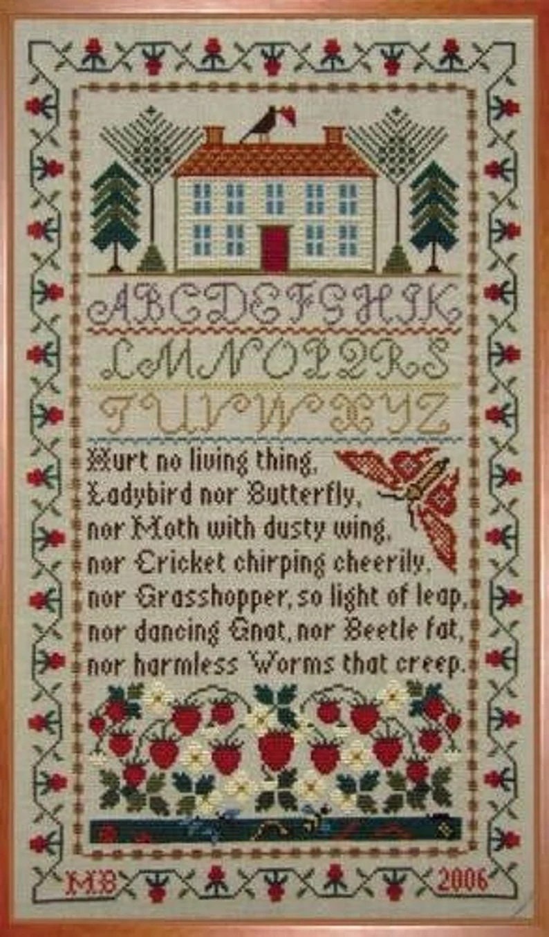 Moira Blackburn Traditional Sampler Chart "Strawberry House Sampler" Counted Cross Stitch Pattern, Chart, Sampler, Pattern Only