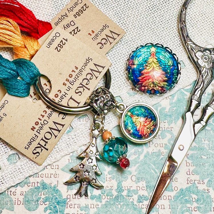 MY BIG TOE "O Christmas Tree Keep and Needle Minder"  Thread Ring w Christmas Tree Charm  Czech Glass Accents, Dome Needle Minder