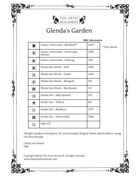 THE ARTSY HOUSEWIFE "Glenda's Garden" Counted Cross Stitch Pattern, Chart, Needlework Marketplace 2024, Pattern Only