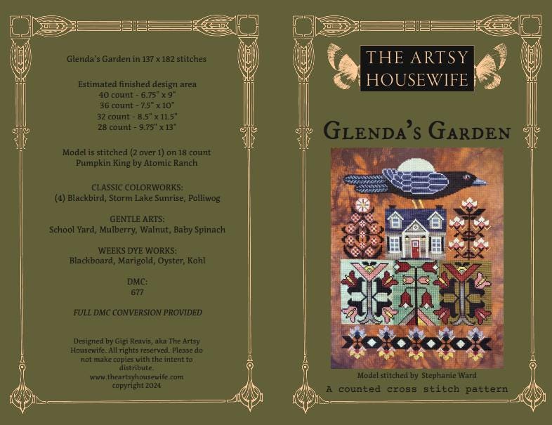 THE ARTSY HOUSEWIFE "Glenda's Garden" Counted Cross Stitch Pattern, Chart, Needlework Marketplace 2024, Pattern Only