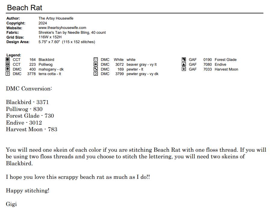 THE ARTSY HOUSEWIFE "Beach Rat" Counted Cross Stitch Pattern, Chart, Pattern Only