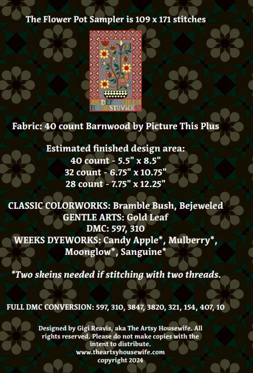 THE ARTSY HOUSEWIFE "The Flower Pot Sampler" Counted Cross Stitch Pattern, Chart, Pattern Only