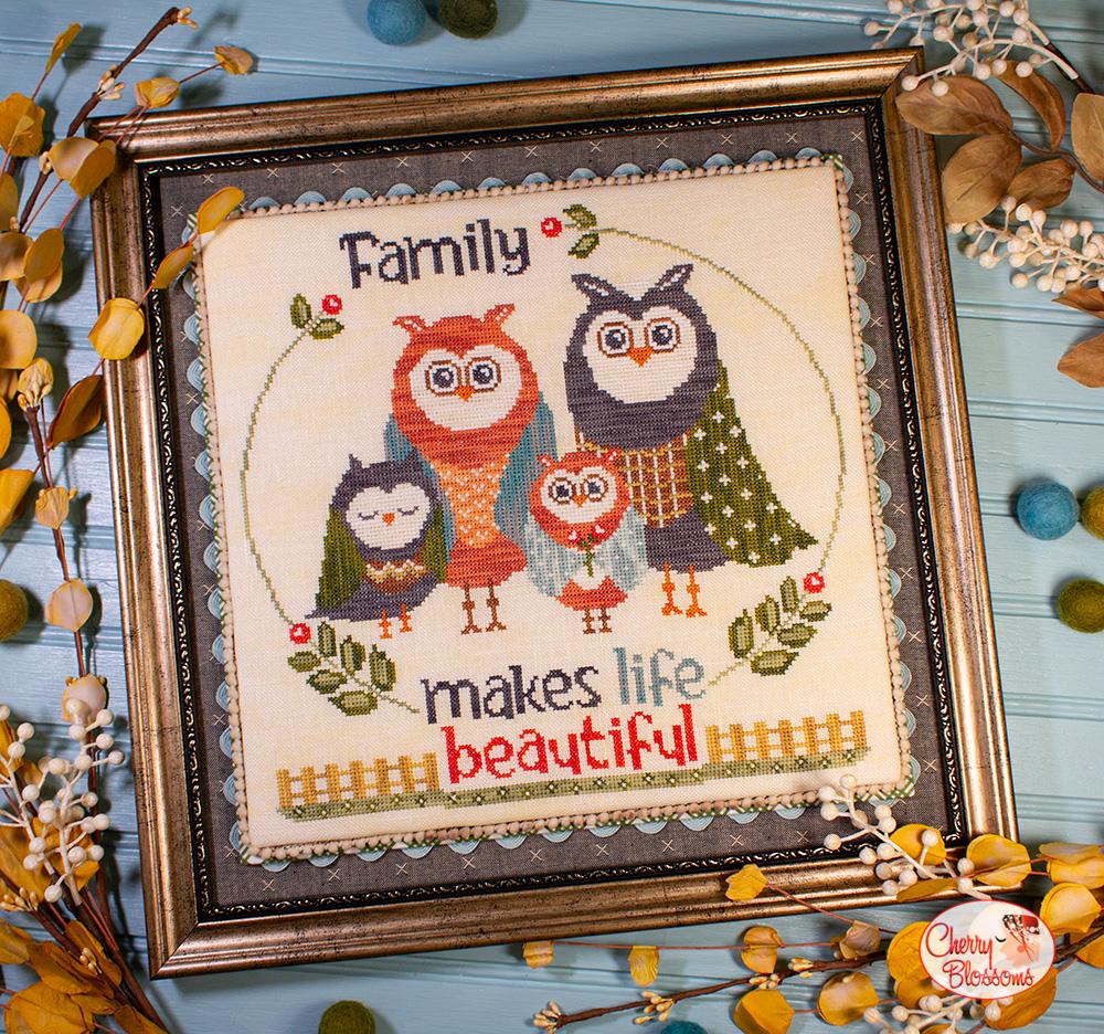 CHERRY BLOSSOMS "Family" Counted Cross Stitch Pattern, Chart, Owls, Needlework Marketplace 2024 Release, Paper Pattern