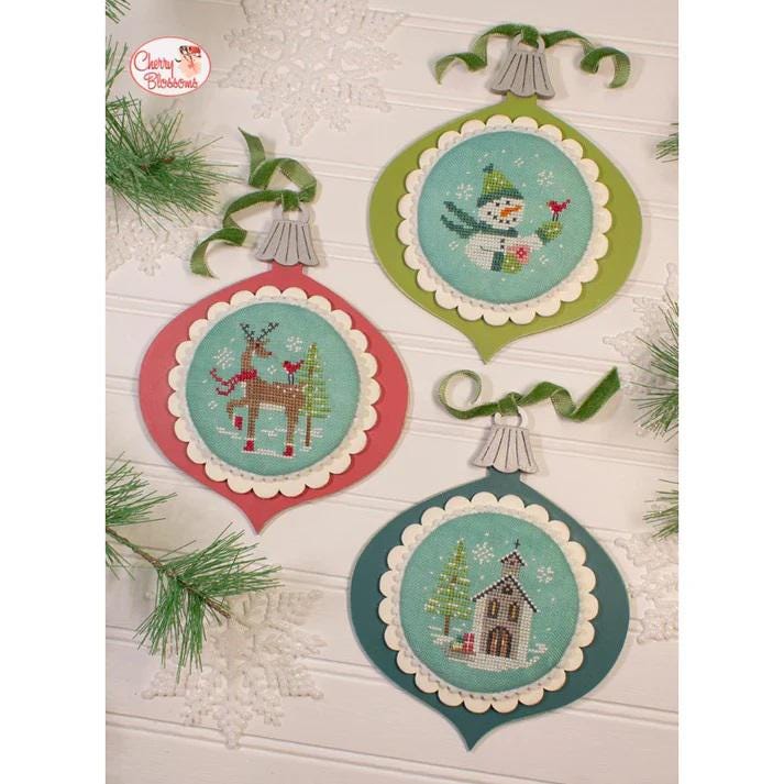 CHERRY BLOSSOMS "Vintage Ornaments - Set One" Counted Cross Stitch Pattern, Snowman, Church, Reindeer, Needlework Marketplace 2024