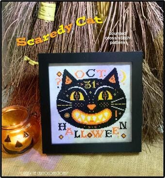 THE CALICO CONFECTIONERY "Scaredy Cat" Counted Cross Stitch Pattern, Chart, Fall, Pumpkin, Black Cat, Halloween, Pattern Only