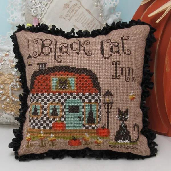 KIRALYNS NEEDLEARTS "Black Cat Inn" Counted Cross Stitch Pattern, Fall, Halloween, Primitive Decor, Pattern Only