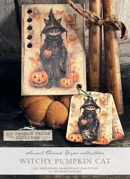 The PRIMITIVE HARE "Witchy Pumpkin Cat" Wooden Thread Keep & Floss Drops - Hand Made by Isabella Abbiati, Six Thread Drops Included