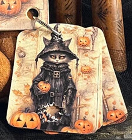 The PRIMITIVE HARE "Witchy Pumpkin Cat" Twelve Floss Drops - Hand Made by Isabella Abbiati, Package of 12 Thread Drops