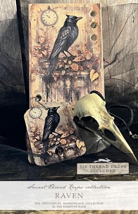 The PRIMITIVE HARE "Raven Smart Thread Keep" Wooden Thread Keep & Floss Drops - Hand Made by Isabella Abbiati, Six Thread Drops Included