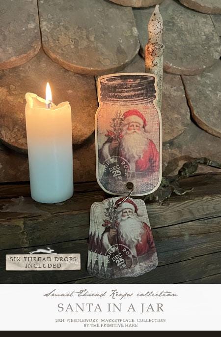 The PRIMITIVE HARE "Santa In A Jar" Wooden Thread Keep & Floss Drops - Hand Made by Isabella Abbiati, Six Thread Drops Included