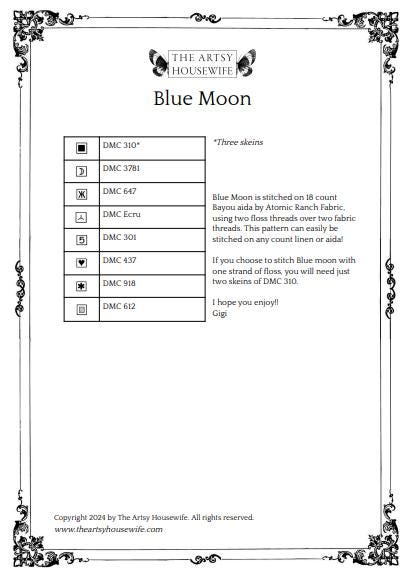 THE ARTSY HOUSEWIFE "Blue Moon" Counted Cross Stitch Pattern, Chart, Needlework Marketplace 2024, Pattern Only