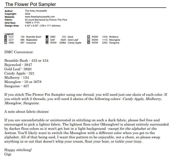 THE ARTSY HOUSEWIFE "The Flower Pot Sampler" Counted Cross Stitch Pattern, Chart, Pattern Only