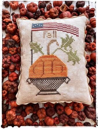 LUCY BEAM Love In Stitches "Fall Flag" Counted Cross Stitch Pattern, Pumpkin, American Flag, Needlework Marketplace 2024, Pattern Only