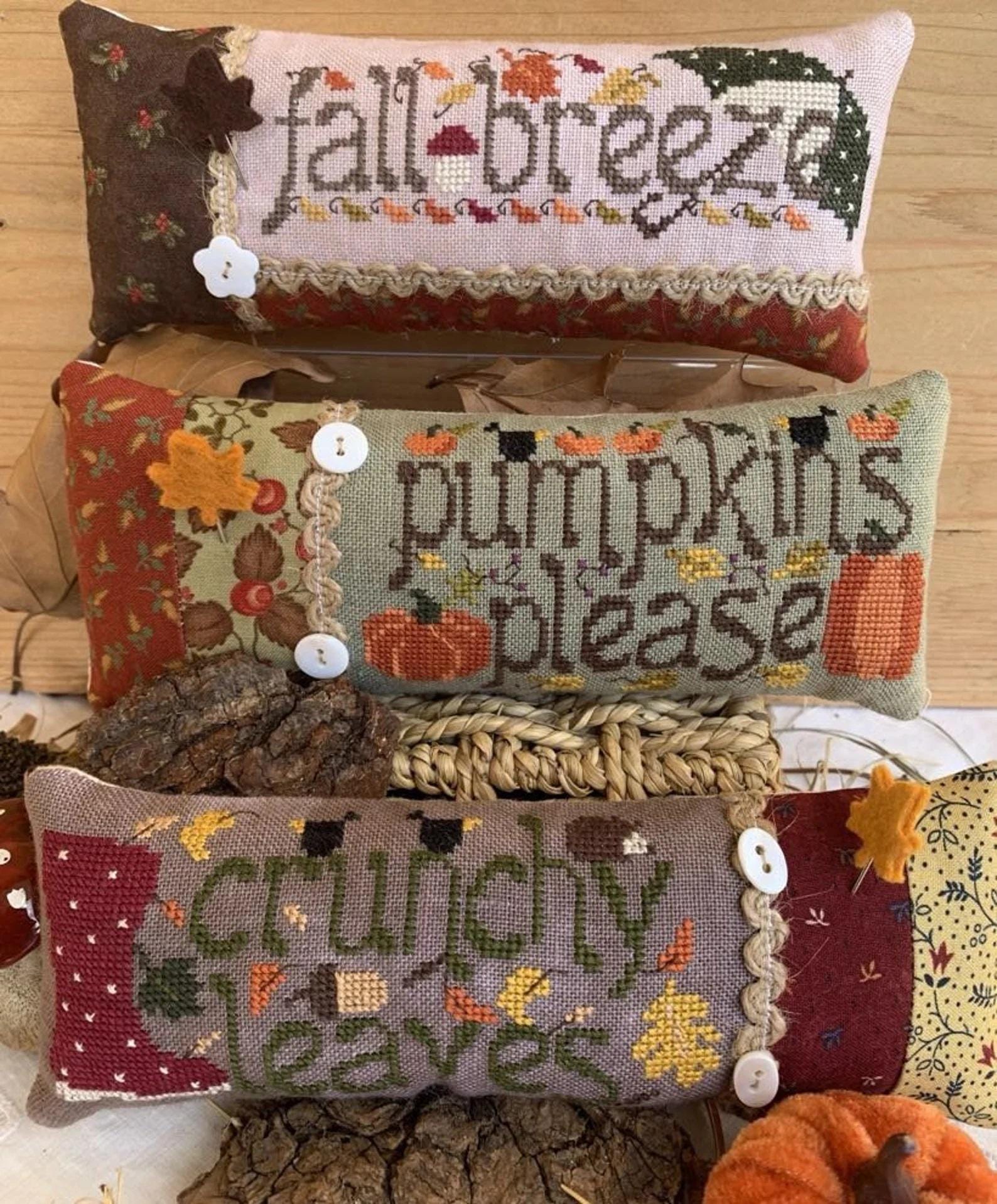 ROVARIS "Pumpkins Please" Counted Cross Stitch Pattern with Silver Leaf CHARM, 3 Patterns, Halloween, Autumn, Pumpkin, Thanksgiving