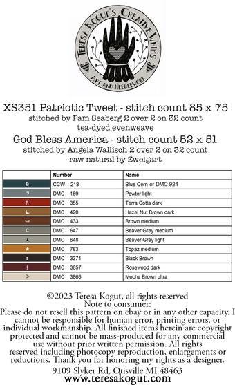 Teresa Kogut Creative Whims "Patriotic Tweet & God Bless the USA" Counted Cross Stitch Pattern, Chart, American Flag, Pattern Only