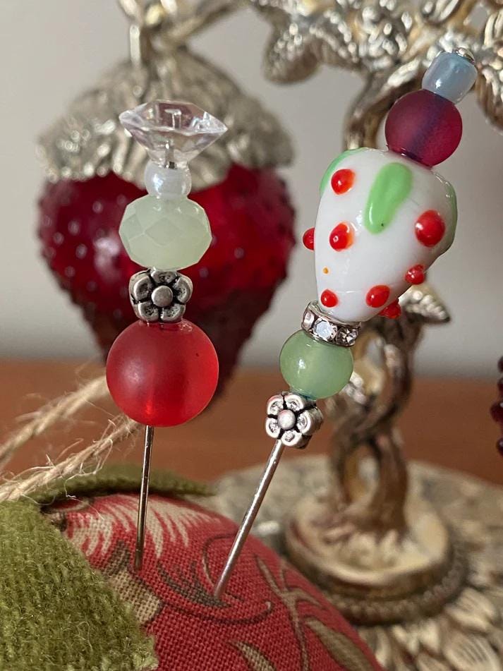 JERSEY GIRL STITCH Co. "Strawberry Fields Pin Set"  Decorative Hand Beaded Pins  2 Per Set