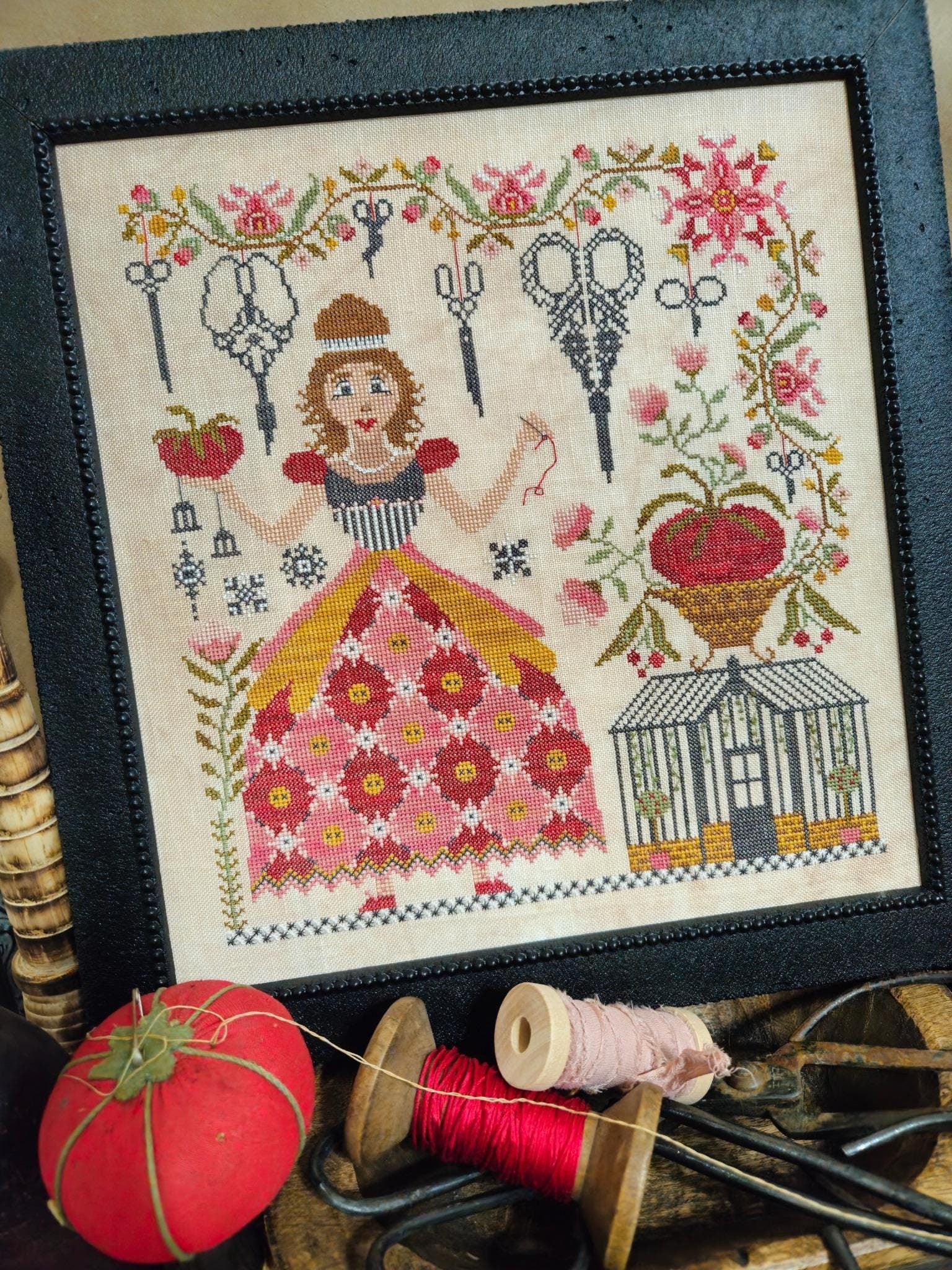 QUAINT ROSE NEEDLEARTS "Stitching Maiden" Counted Cross Stitch Pattern, Sampler, Chart, Pattern Only