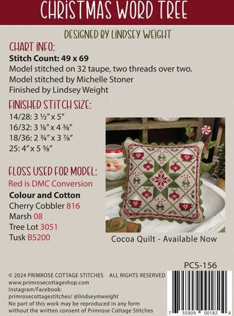 PRIMROSE COTTAGE STITCHES "Christmas Word Tree" Counted Cross Stitch Pattern + Colour & Cotton Floss Pack Included, Floss and Pattern Only