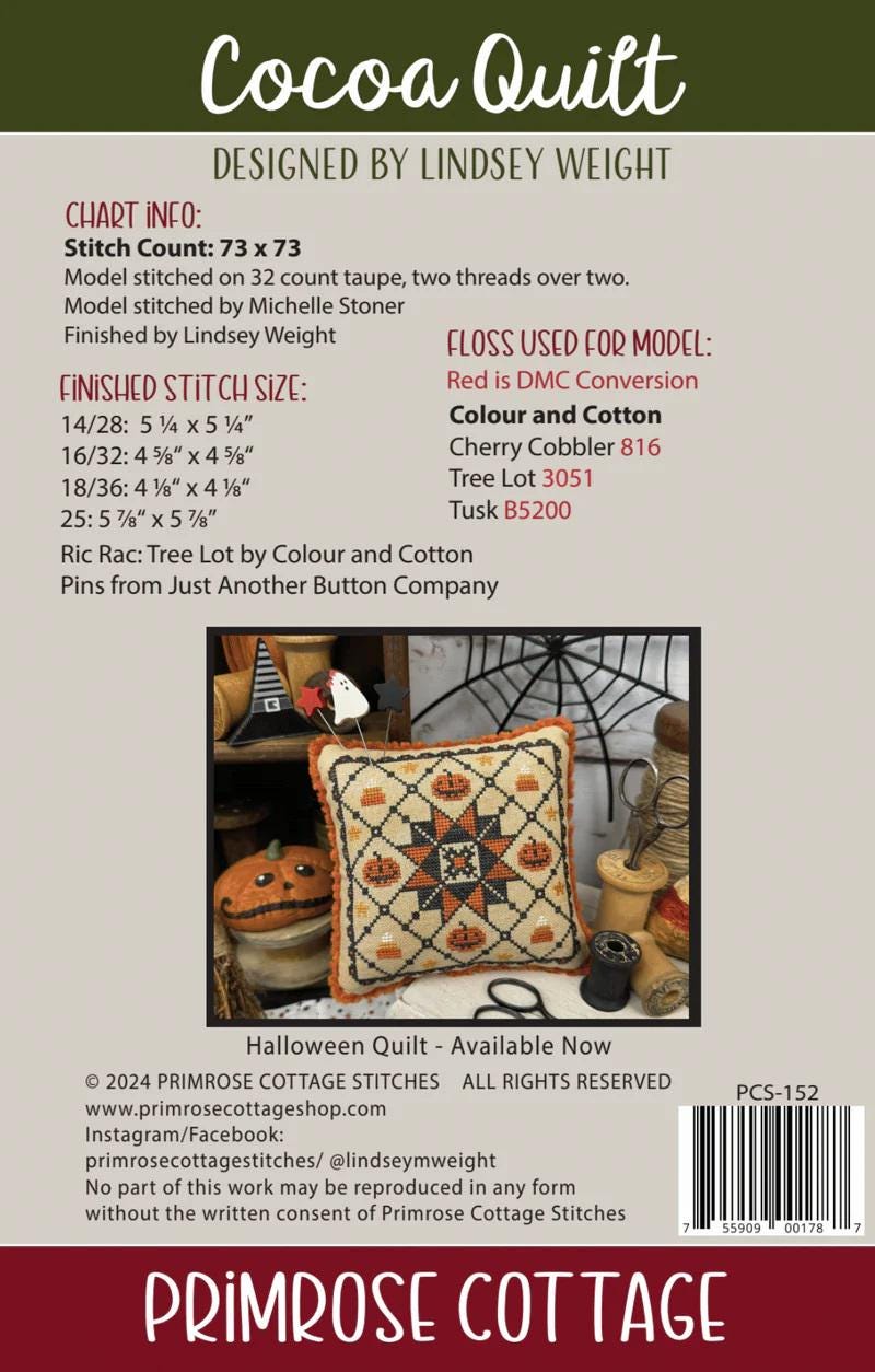 PRIMROSE COTTAGE STITCHES "Cocoa Quilt" Counted Cross Stitch Pattern, Chart, Christmas, Pattern Only