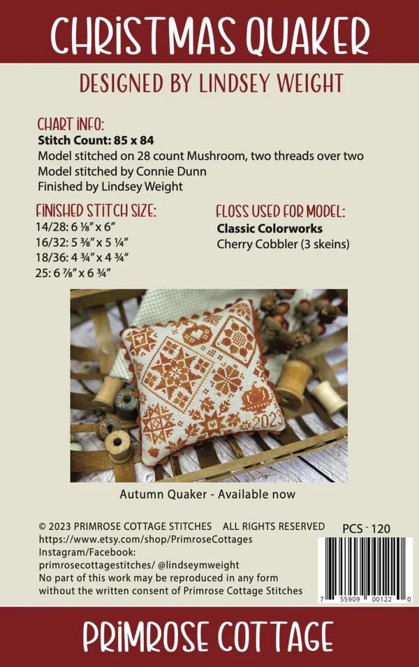 PRIMROSE COTTAGE STITCHES "Christmas Quaker" Counted Cross Stitch Pattern, Chart, Pattern Only