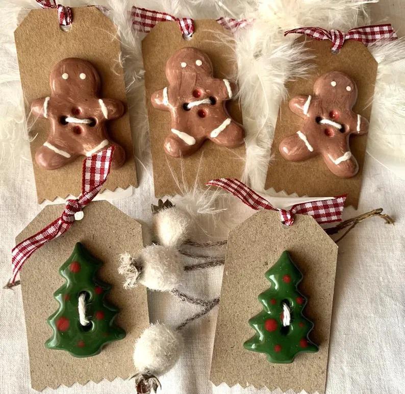 Rovaris ~ Christmas Ceramic Buttons, Gingerbread Man or Christmas Tree, Handmade from Samone, Italy