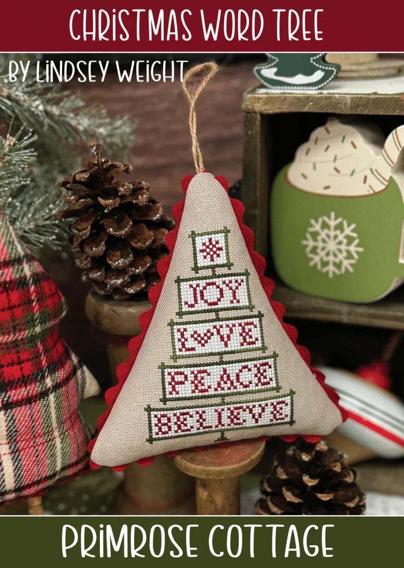 PRIMROSE COTTAGE STITCHES "Christmas Word Tree" Counted Cross Stitch Pattern + Colour & Cotton Floss Pack Included, Floss and Pattern Only