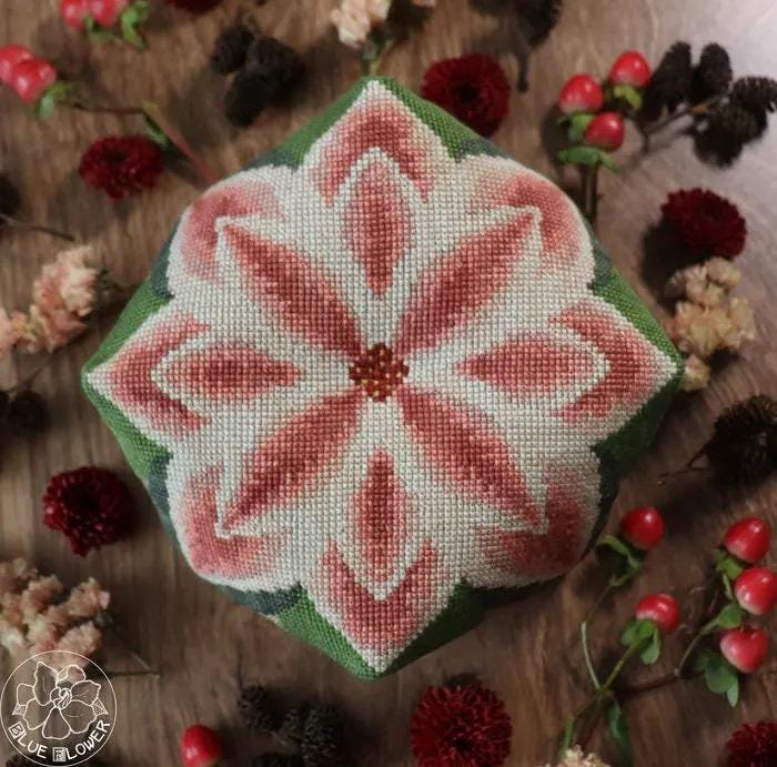 THE BLUE FLOWER "Poinsettia Biscornu"  Counted Cross Stitch Pattern  Jeannine McGowan, Winter, Flowers, Pattern Only