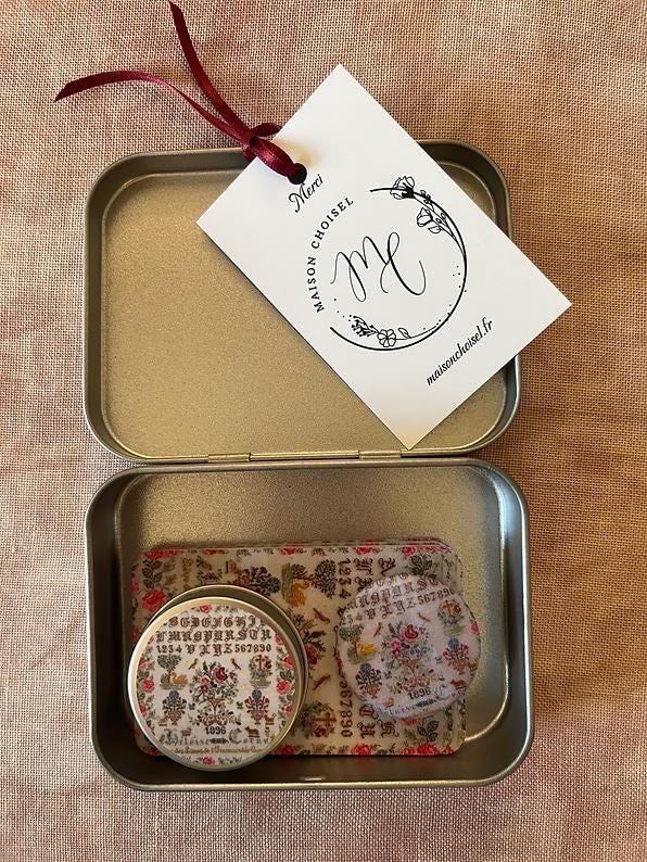 MAISON CHOISEL -Lady's Companion - Heloïse Cornu - Reflets de Soie - Tin Box, 20 Floss Drops, Needle Minder, and Small Round Tin Box