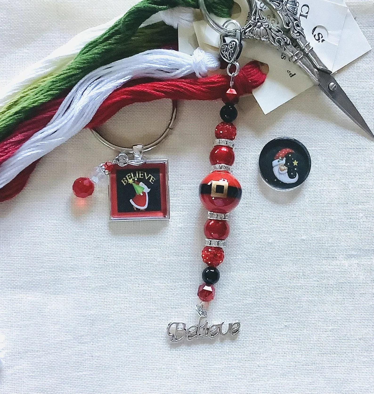 ZIGGY'S  DESIGNS "Believe In Santa"  Christmas Thread Keep, Needle Minder, and Beaded Scissor Fob Accessory Set