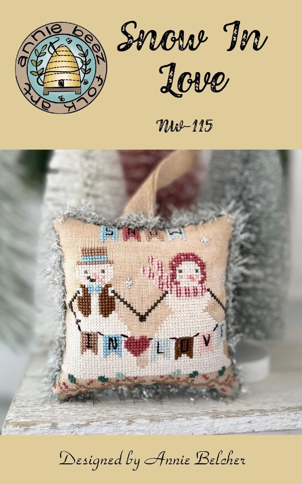 ANNIE BEEZ Folk Art "Snow In Love" Counted Cross Stitch Pattern, Chart, Valentine's Day, Needlework, Pattern Only