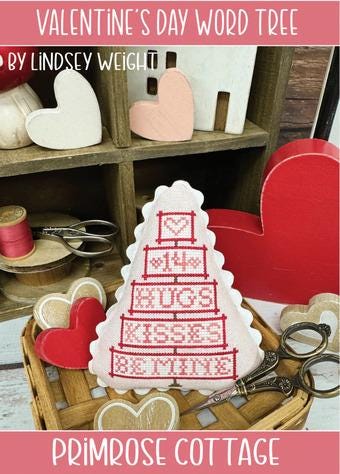 PRIMROSE COTTAGE STITCHES "Valentine's Day Word Tree" Counted Cross Stitch Pattern, Valentine Wishes, Chart, Pattern Only