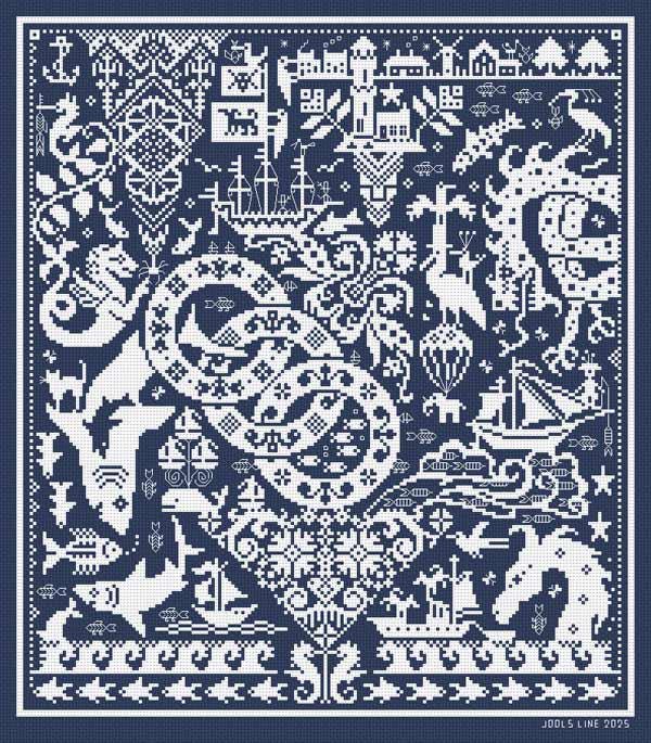 LONG DOG SAMPLERS "Fishy Goings On"  Counted Cross Stitch Pattern  Sampler, Chart, Pattern Only