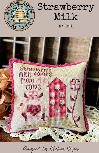 ANNIE BEEZ Folk Art "Strawberry Milk" Counted Cross Stitch Pattern, Chart, Cow, Pink Farm, Nashville Market 2025, Pattern Only