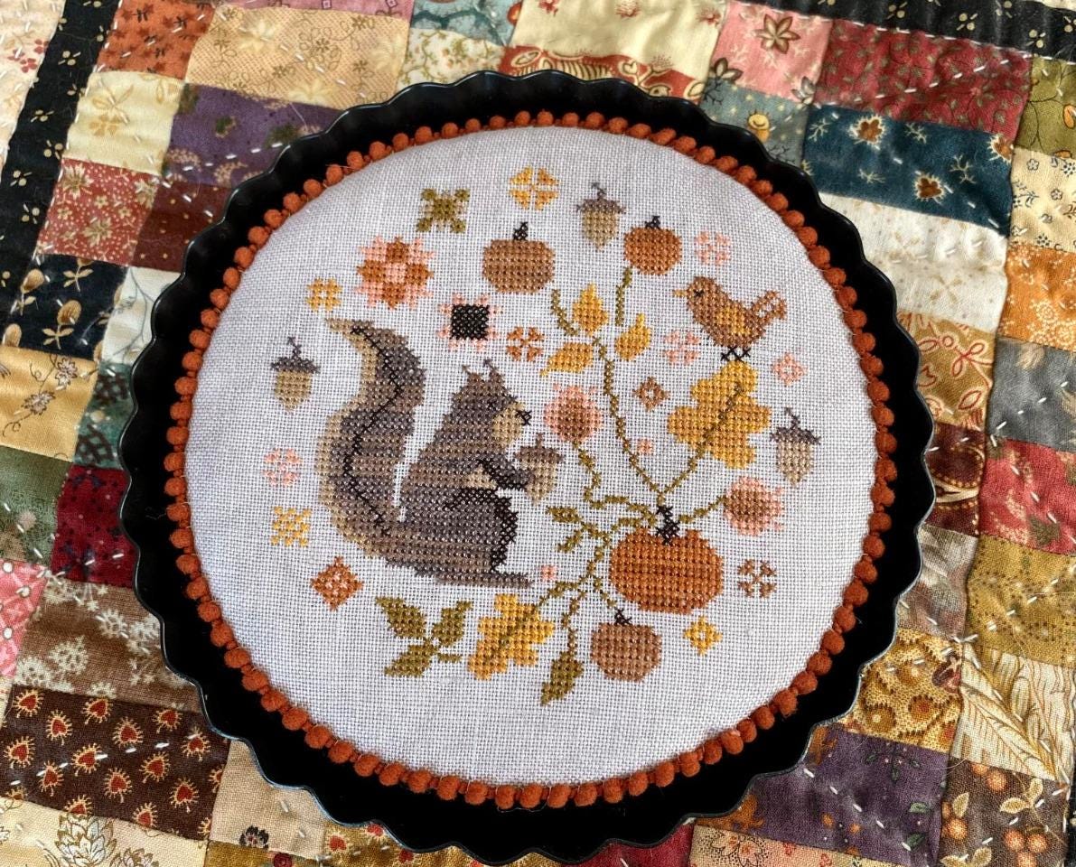 Pansy Patch Quilts and Stitchery "Oak & Acorn Tart" Counted Cross Stitch Pattern, Squirrel, Flowers, Pattern Only