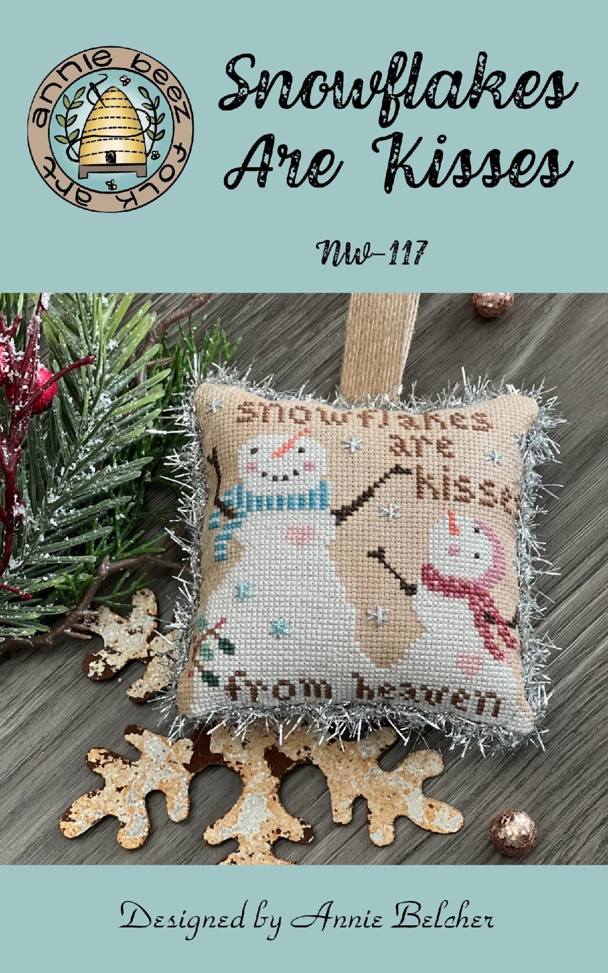 ANNIE BEEZ Folk Art "Snowflakes Are Kisses" Counted Cross Stitch Pattern, Chart, Needlework, Pattern Only