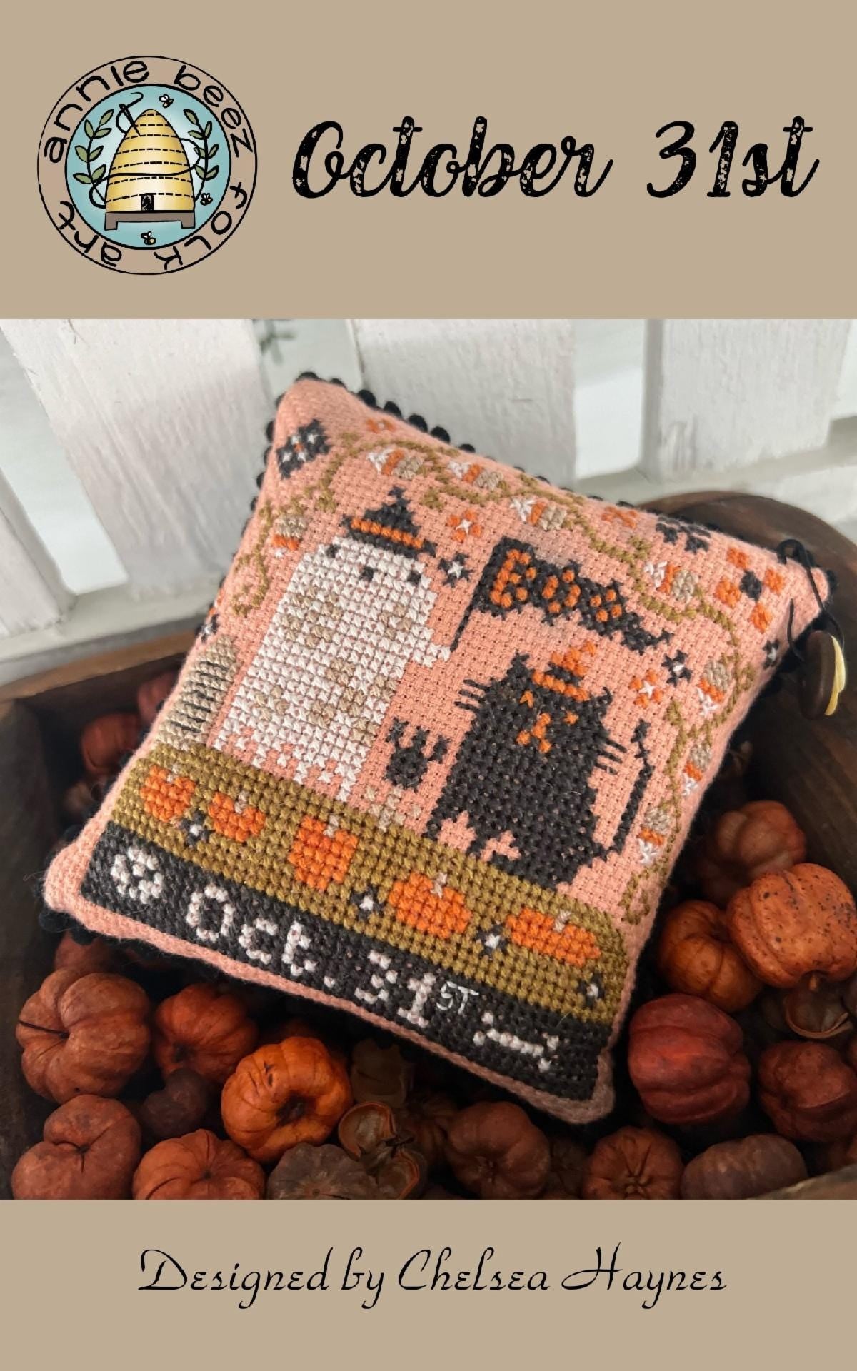 ANNIE BEEZ Folk Art "October 31st" Counted Cross Stitch Pattern, Chart, Needlework, Pattern Only